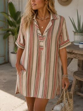 MANGO Striped Cotton Linen Dress Size 4 Small Beach Casual Summer